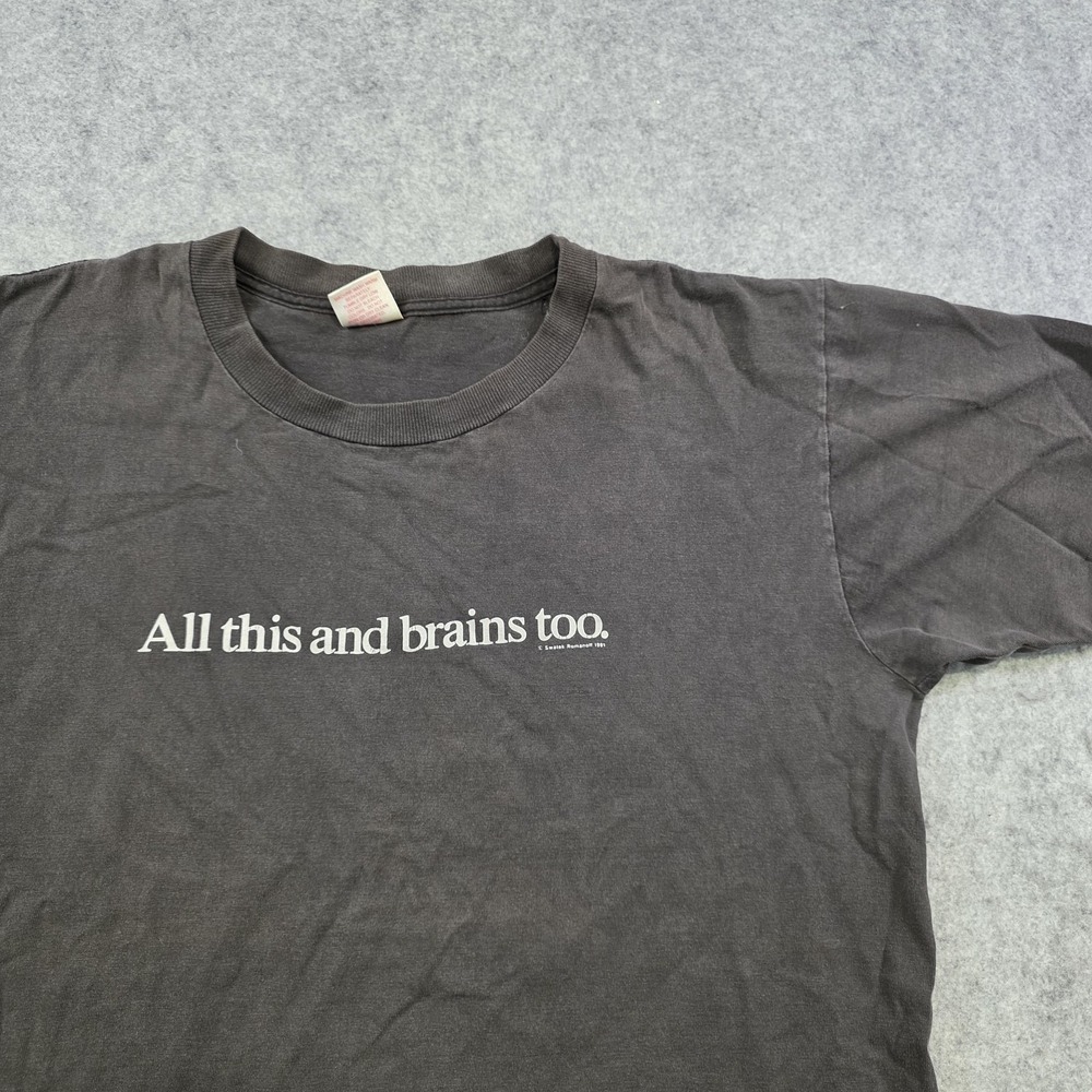 Vintage Argo Sport Shirt Mens XL Black All This And Brains‎ Too Funny Quote Tee - Picture 2 of 12